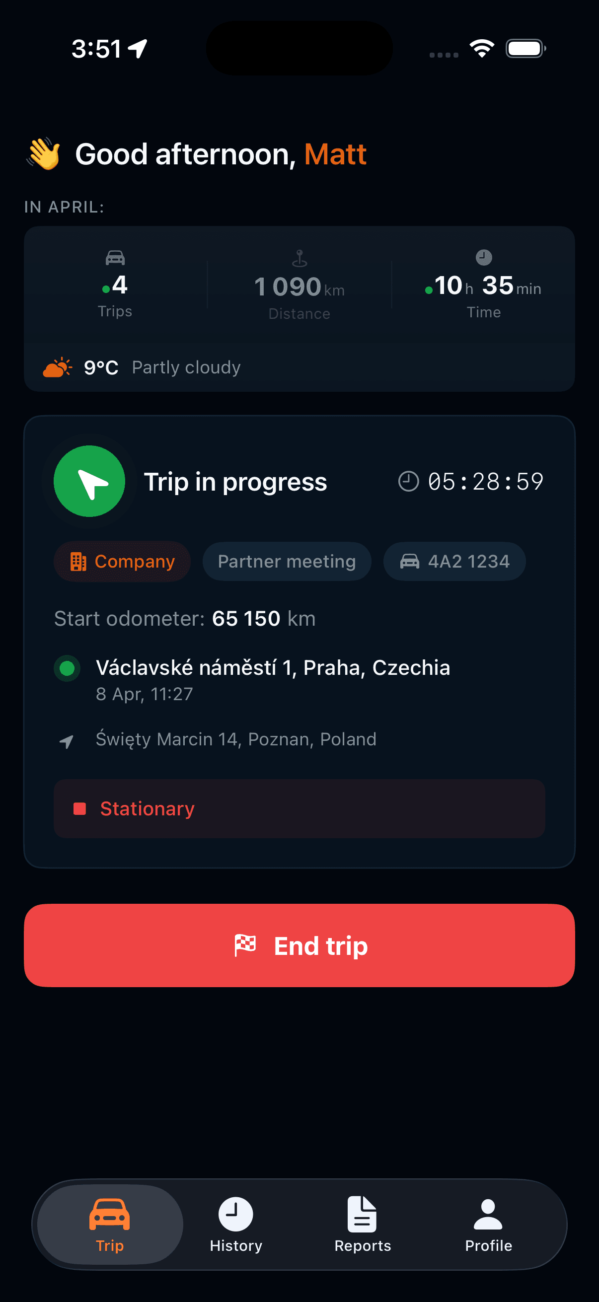 Autokilometry mobile app in dark mode