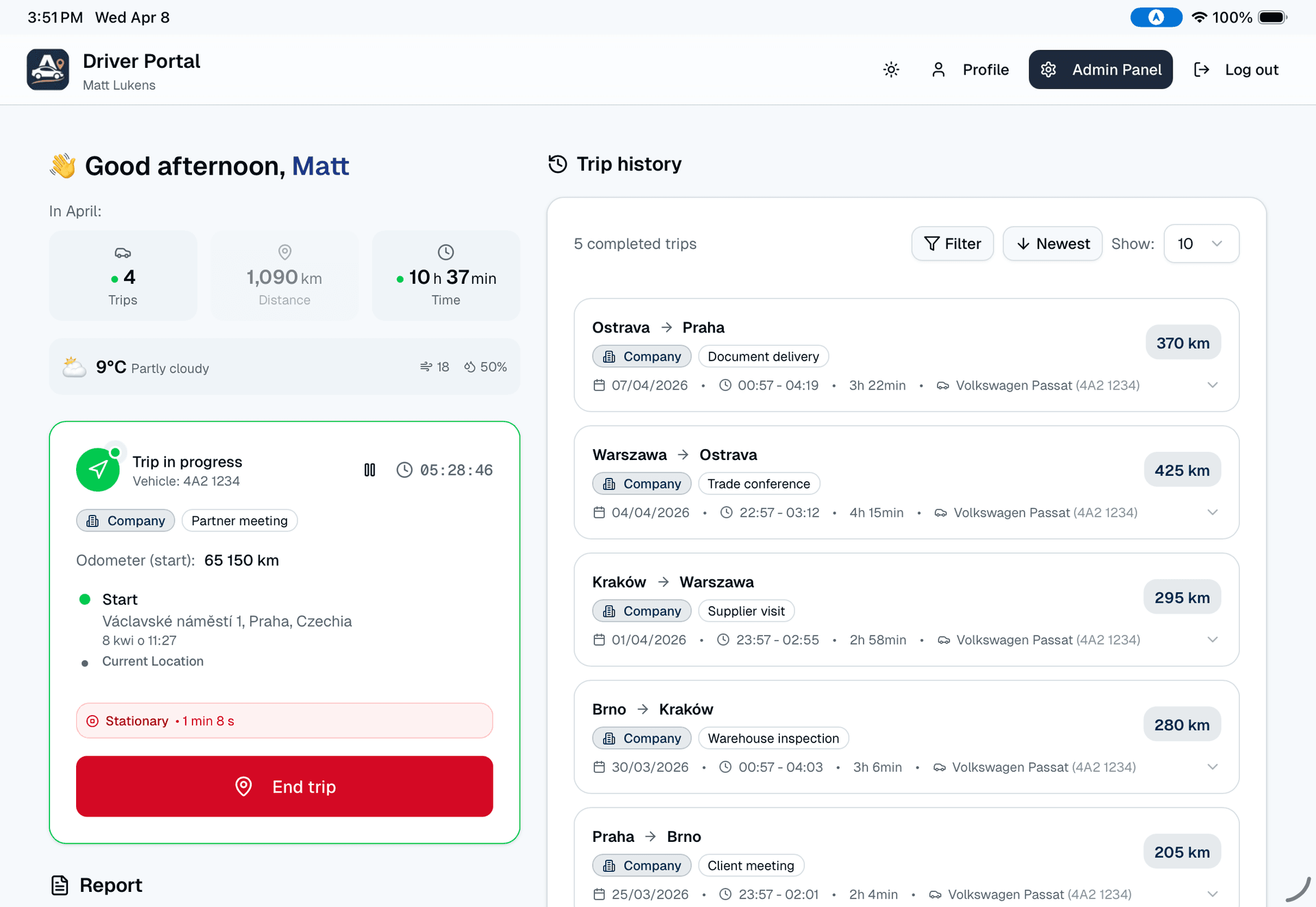 Autokilometry web app: driver portal with the vehicle mileage log